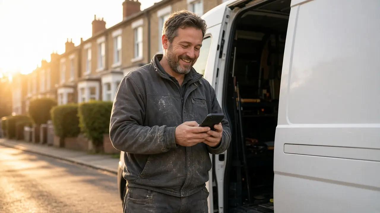 Builder's van parked outside a London terrace while work continues inside