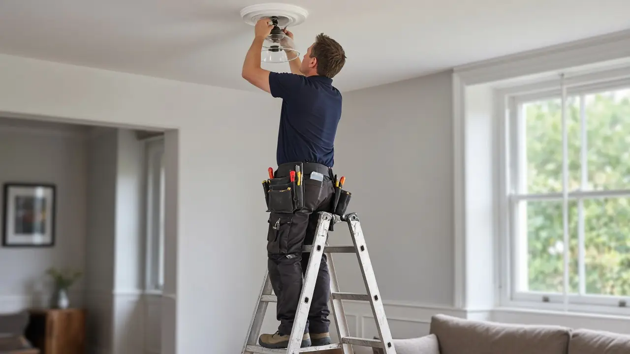 Electrician working up a ladder with a phone in their pocket, hands busy