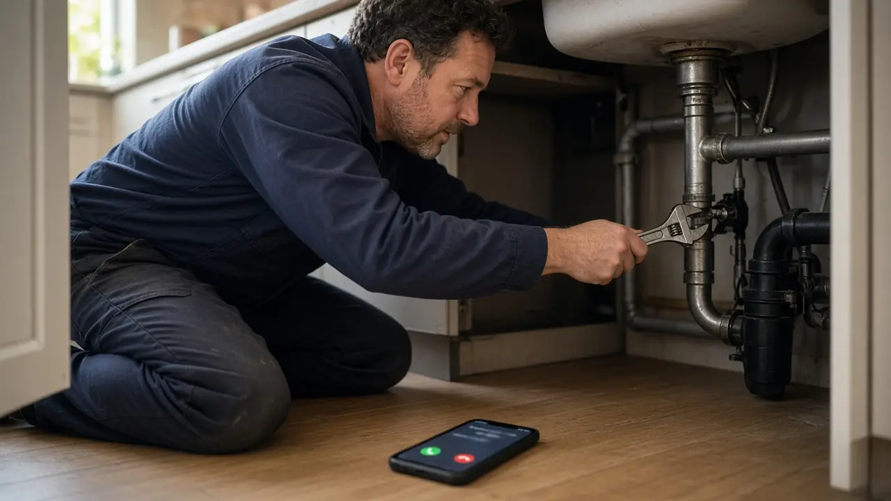 Plumber working under a kitchen sink while a phone rings unanswered on the floor beside them